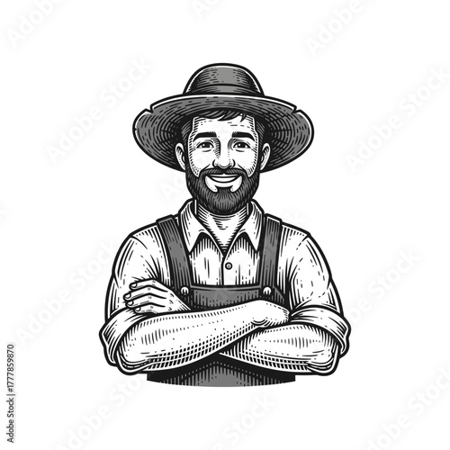 A happy farmer black and white sketch icon logo flat vector design