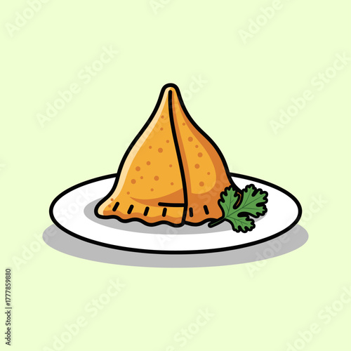 Samosa, Singara on a plate, Desi snack icon logo flat vector design