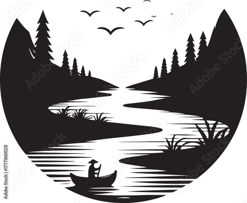 Minimalist Mountain River Landscape Silhouette at Night