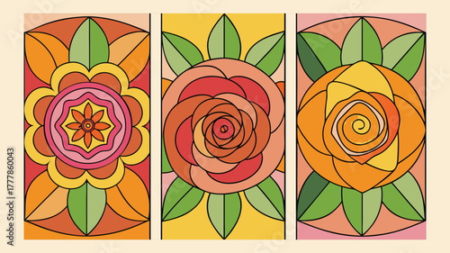 Abstract Garden Series of Modern Minimal Petals and Leaves Flowing Across Three Harmonious Panels