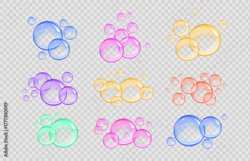 Vector set of colorful bubble gum and collagen bubbles on transparent background for dreamy and glossy design.