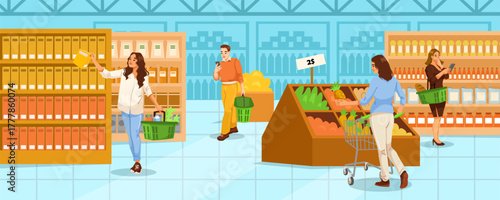 Shoppers selecting groceries in a supermarket with shelves and produce section on a clean indoor background. Concept of daily food shopping. Vector illustration