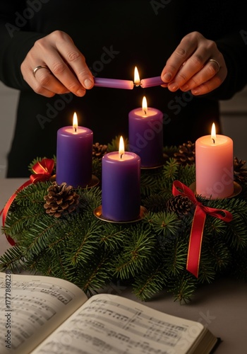 Preparing for Advent with purple candles, a festive wreath, and holiday music during a cozy evening