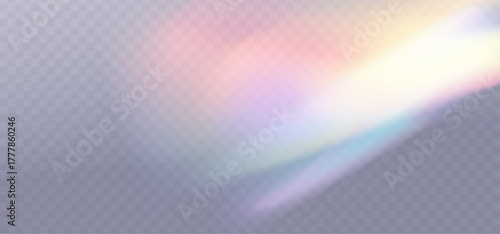 Crystal glass prism set with holographic reflections and rainbow flare effect on transparent background.