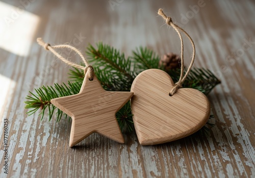 Wooden star and heart ornaments hanging on a pine branch decorated for the holiday season