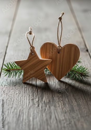 Wooden star and heart ornaments on a rustic wooden surface with pine branches for holiday decoration