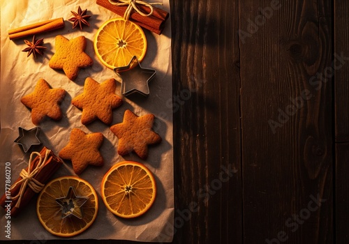 Baking holiday cookies with spices, citrus, and festive shapes on a wooden table