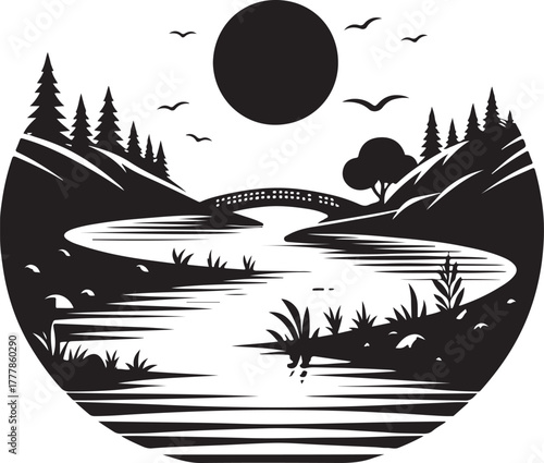 Minimalist Mountain River Landscape Silhouette at Night