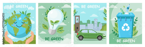 Set of four eco-themed posters showing Earth care, energy-saving bulb, electric car, and recycling bin on green nature backgrounds. Vector illustration