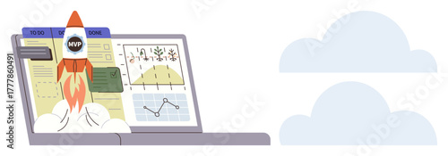 Rocket launching from laptop showcasing charts, Kanban board, and MVP badge. Ideal for innovation, productivity, agile methodology, business growth, startup development, project management simple