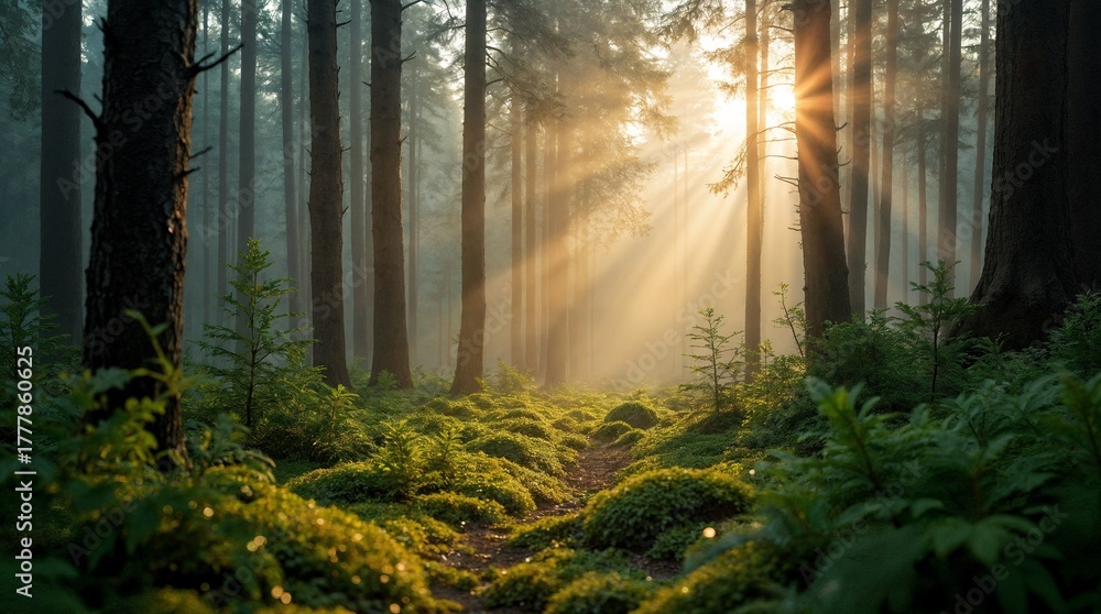 Fototapeta premium Scenic forest landscape with morning sunlight breaking through tall trees and mist, creating a magical natural atmosphere