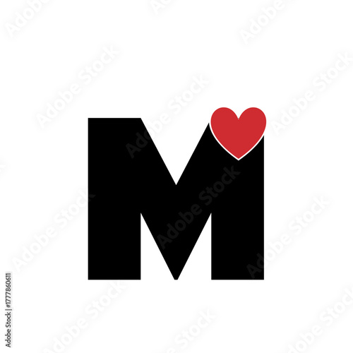 Letter M logo, English alphabet with heart shape overlapping