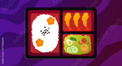 Colorful Japanese bento box vector illustration featuring a traditional meal with steamed rice decorated with flower-shaped garnishes, crispy tempura shrimp, and a fresh assortment of vegetables.