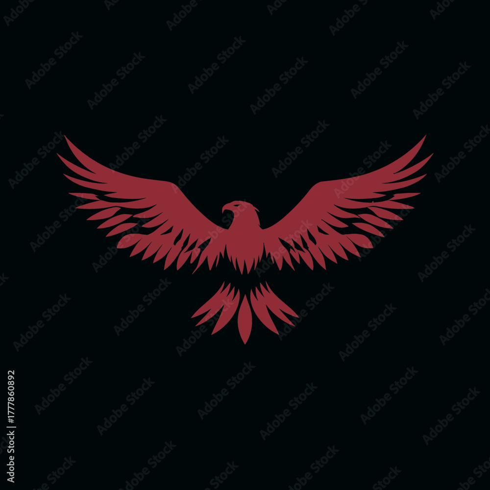 Fototapeta premium Majestic red eagle silhouette flying with wings spread against a dark background, symbolizing power, strength, and freedom. Graphic design element.