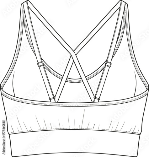 Back view sports bra technical sketch, racerback design, crisscross straps, adjustable sliders, elastic band, fashion template, garment illustration, activewear
