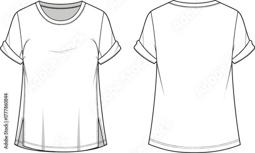 Short sleeve t-shirt flat sketch, fashion template, technical drawing, apparel design, round neck, rolled sleeves, side slit hem, front back view