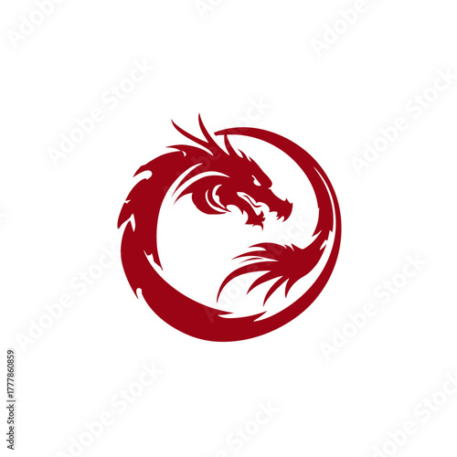Red mythical dragon in a powerful circular shape, a strong graphic design element or modern logo concept on a white background.