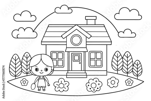  charming black and white line drawing of a simple house with a chimney and a small attic window.