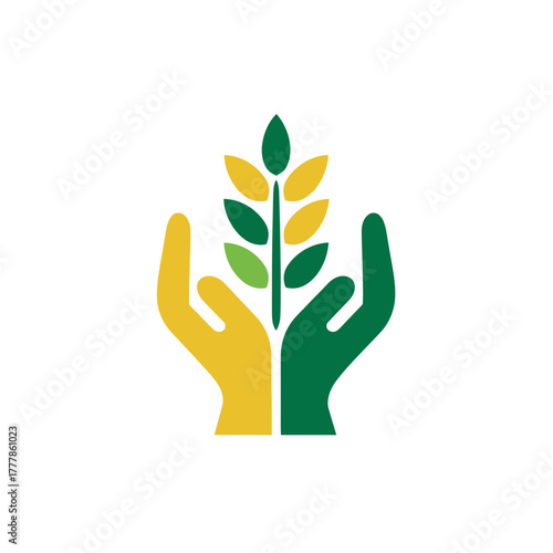 Hands nurturing a growing plant stalk with grain, symbolizing agriculture, harvest, sustainability, organic farming, and nature care.