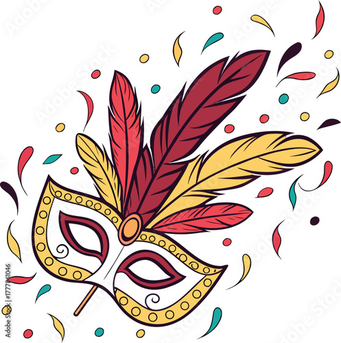 Vibrant carnival mask adorned with colorful feathers and confetti, perfect for festive celebrations and masquerade events, evoking mystery and excitement