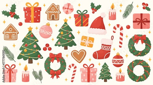 Christmas icon collection a festive assortment of christmasthemed elements including gifts, trees, ornaments, and sweets, isolated on white background