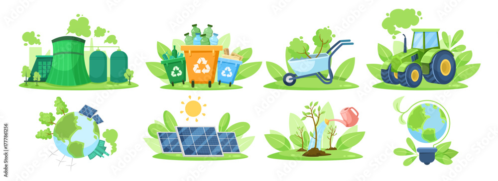 Obraz premium Collection of eco-themed icons including recycling, solar energy, and green farming elements in colorful cartoon style on white background. Vector illustration