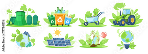 Collection of eco-themed icons including recycling, solar energy, and green farming elements in colorful cartoon style on white background. Vector illustration