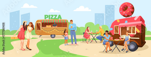 People eating and relaxing near colorful food trucks in park, flat cartoon style, urban city background, concept of outdoor dining fun. Vector illustration