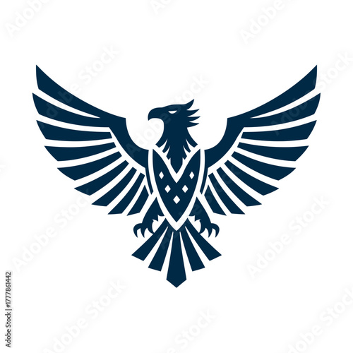 Stylized heraldic eagle emblem vector. Majestic bird of prey with outstretched wings, symbolic of power, strength, and freedom. Graphic design element.