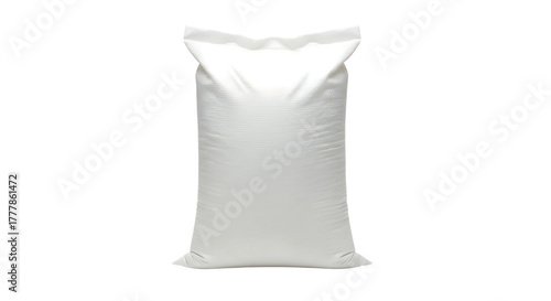 Large plain white woven sack stands upright against a deep black background