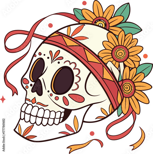 Vibrant Dia de los Muertos sugar skull adorned with colorful flowers and festive ribbons, celebrating life and remembrance with festive flair