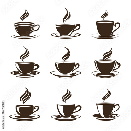 Vector set of steaming hot coffee cups and mugs on saucers. Graphic brown icons for espresso, tea, cafe, and breakfast themes.