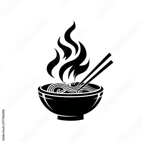 Steaming hot Asian noodles in a bowl with chopsticks graphic illustration. Delicious ramen or instant noodle soup, oriental cuisine vector icon.