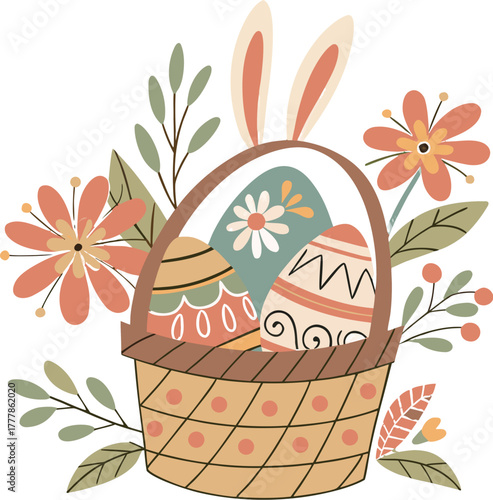 Delightful Easter basket with decorated eggs and bunny ears amid spring blossoms for a charming holiday celebration, perfect for festive designs
