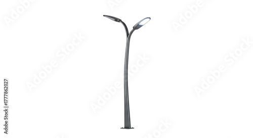 Modern metallic outdoor illumination standard features twin curved arms illuminating dark space