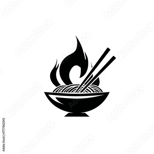 Hot spicy noodle bowl with chopsticks and flames vector icon. Asian cuisine, ramen, udon, pho, oriental food graphic logo concept.