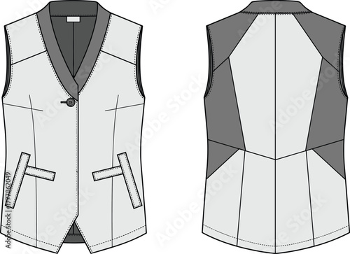 Tailored vest sketch, fashion flat drawing, technical garment illustration, front and back view, menswear template, apparel design, vector outline