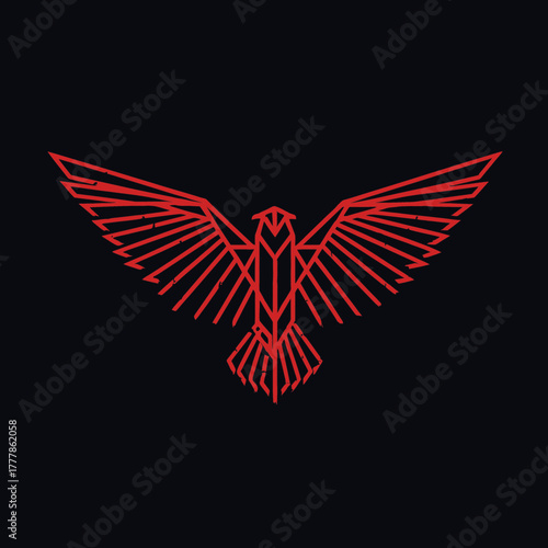 Geometric red eagle logo concept on black background. Stylized abstract hawk with outstretched wings. Modern minimalist vector design.