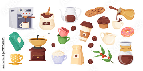 Coffee set including cups, drinks, beans, desserts, and brewing tools in cartoon style on white background. Concept of coffee culture. Vector illustration