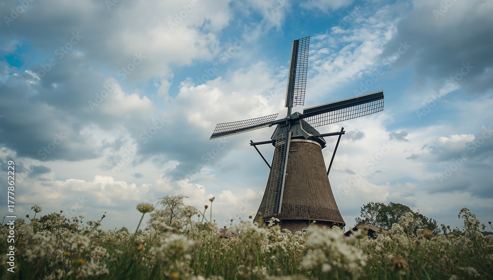 Obraz premium Traditional Windmill Surrounded by Blooming Fields