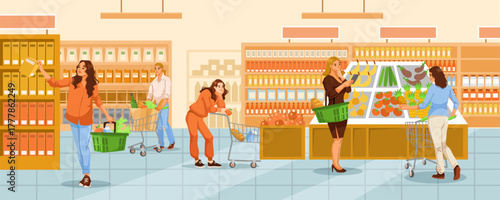 People shopping in a grocery store, flat graphic style, bright indoor background. Concept of daily life, food shopping, supermarket. Vector illustration