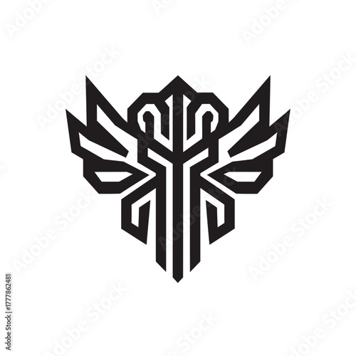 Modern geometric emblem with stylized wings and crown. Abstract minimalist black vector logo symbol, elegant heraldic crest design element.