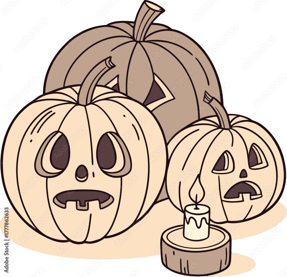 Fototapeta premium Spooky jack o'lanterns with a flickering candle create a classic, charming Halloween scene perfect for festive decorations and seasonal promotions.