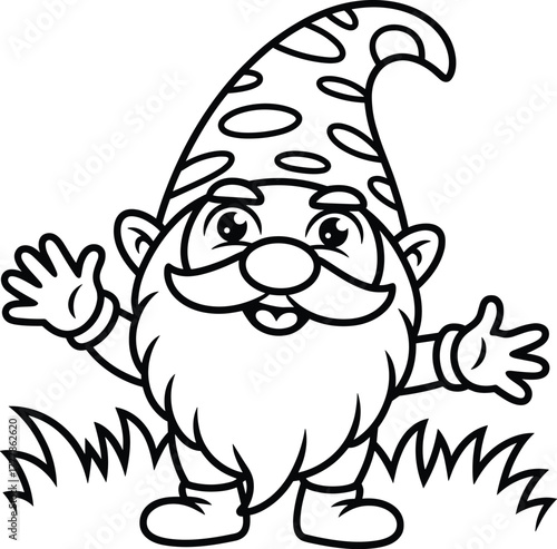 Cartoon gnome with large beard and polka dot hat character