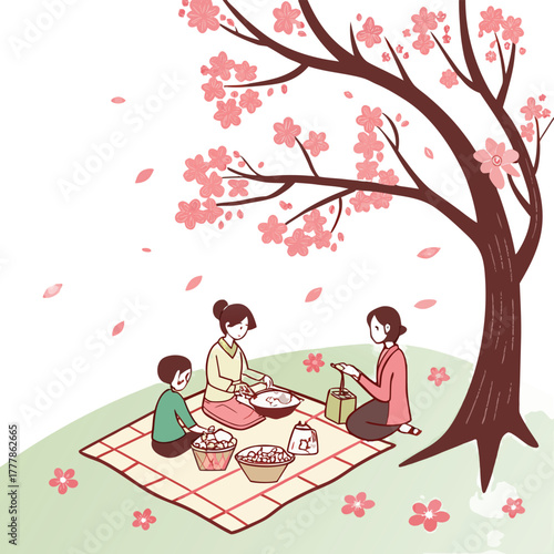 Family enjoying a delightful spring picnic under a blossoming cherry tree, creating cherished memories in a peaceful outdoor setting, perfect for lifestyle concepts.