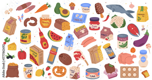 Assortment of cartoon food products and groceries including fruits, vegetables, meats, and packaged goods on white background. Concept of food variety. Vector illustration
