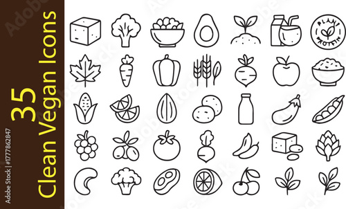 35 Clean Vegan Line Icons Set