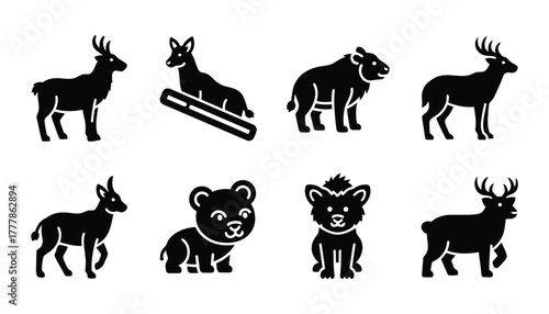 Collection of various wild animals standing and sitting: chamois, beaver with log, wild boar, adult deer, baby bear, baby lion, and adult deer