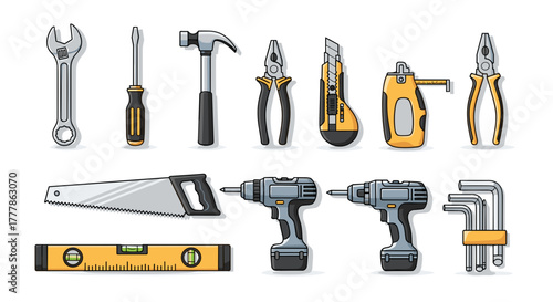 Illustration of various hand tools including wrench, screwdriver, hammer, and cutting tools displayed