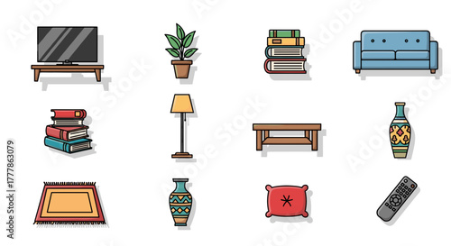 Illustration of a living room setup with furniture and decor elements in a flat design style